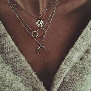 Multilayer Boho Moon Cresent Earth Silver Necklace